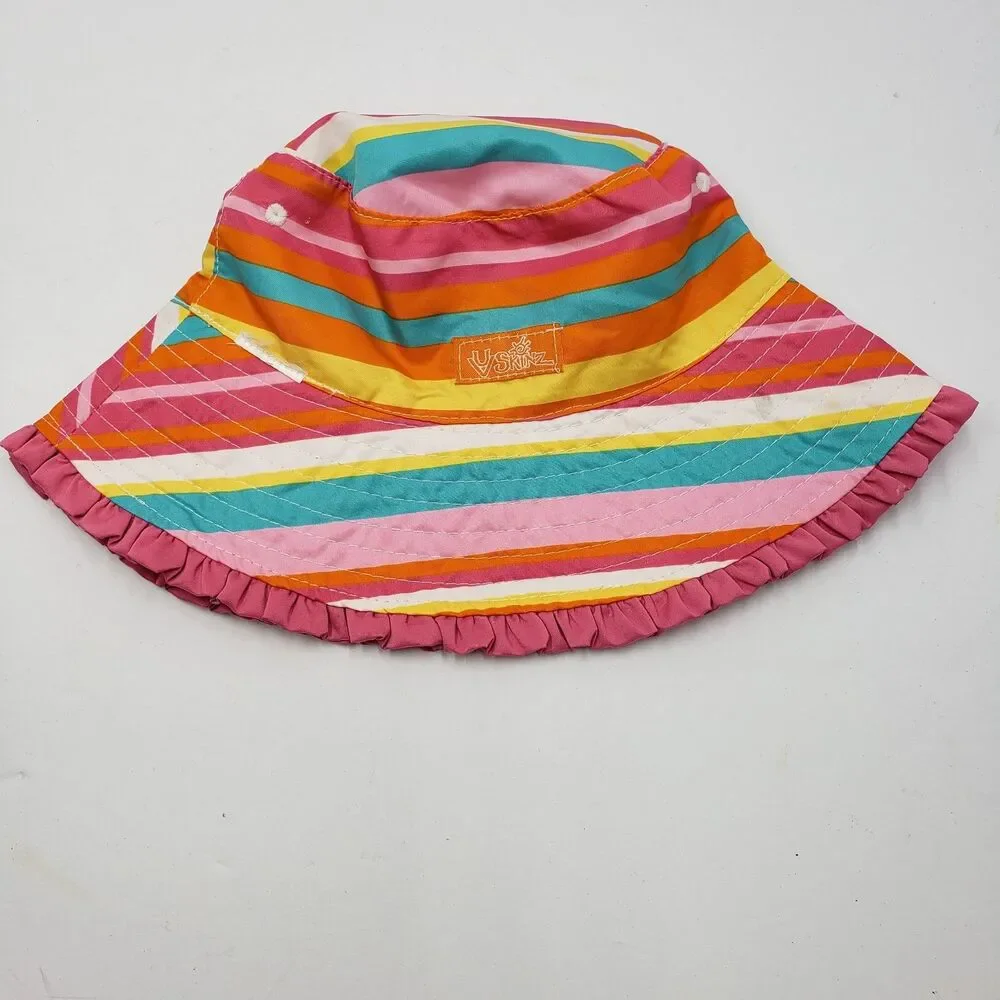 UV Skinz Girls Reversible Bucket Hat Colorful Stripe Pink Ruffle Brim Sun UPF 50